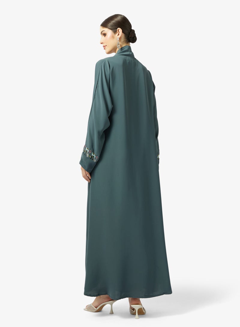 hayas closet Floral Embroidered And Embellished Open Front V Neck Abaya - Image 2